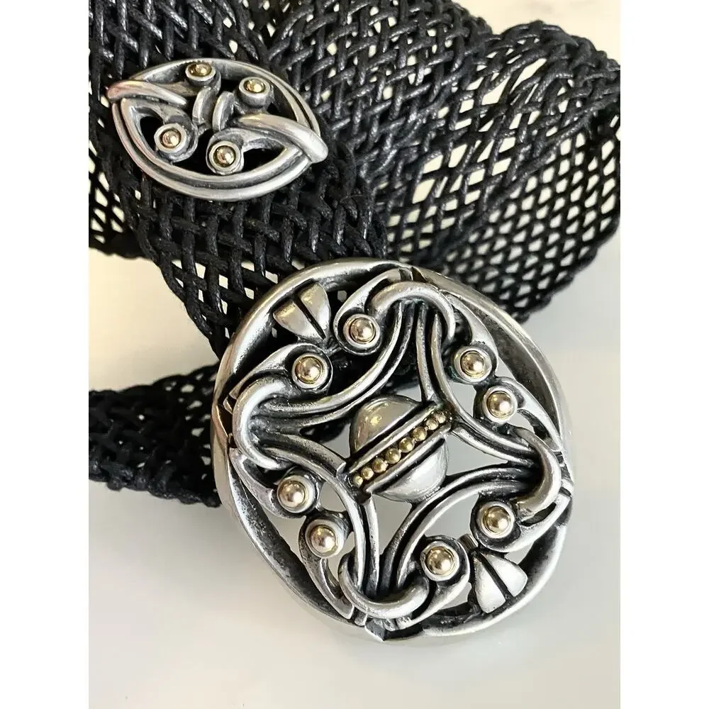 Vintage Modernist Artist Buckle Pewter, Brass Nouveau Statement Woven Mesh Belt - Picture 2 of 6